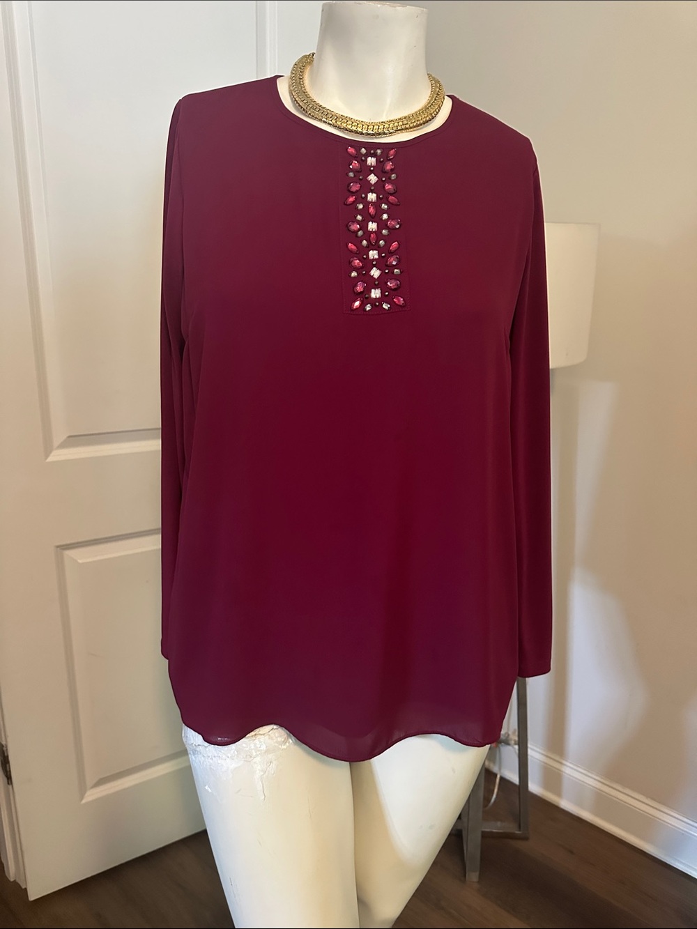 Susan Graver Burgundy Long-Sleeve Jewel-Neck Blouse